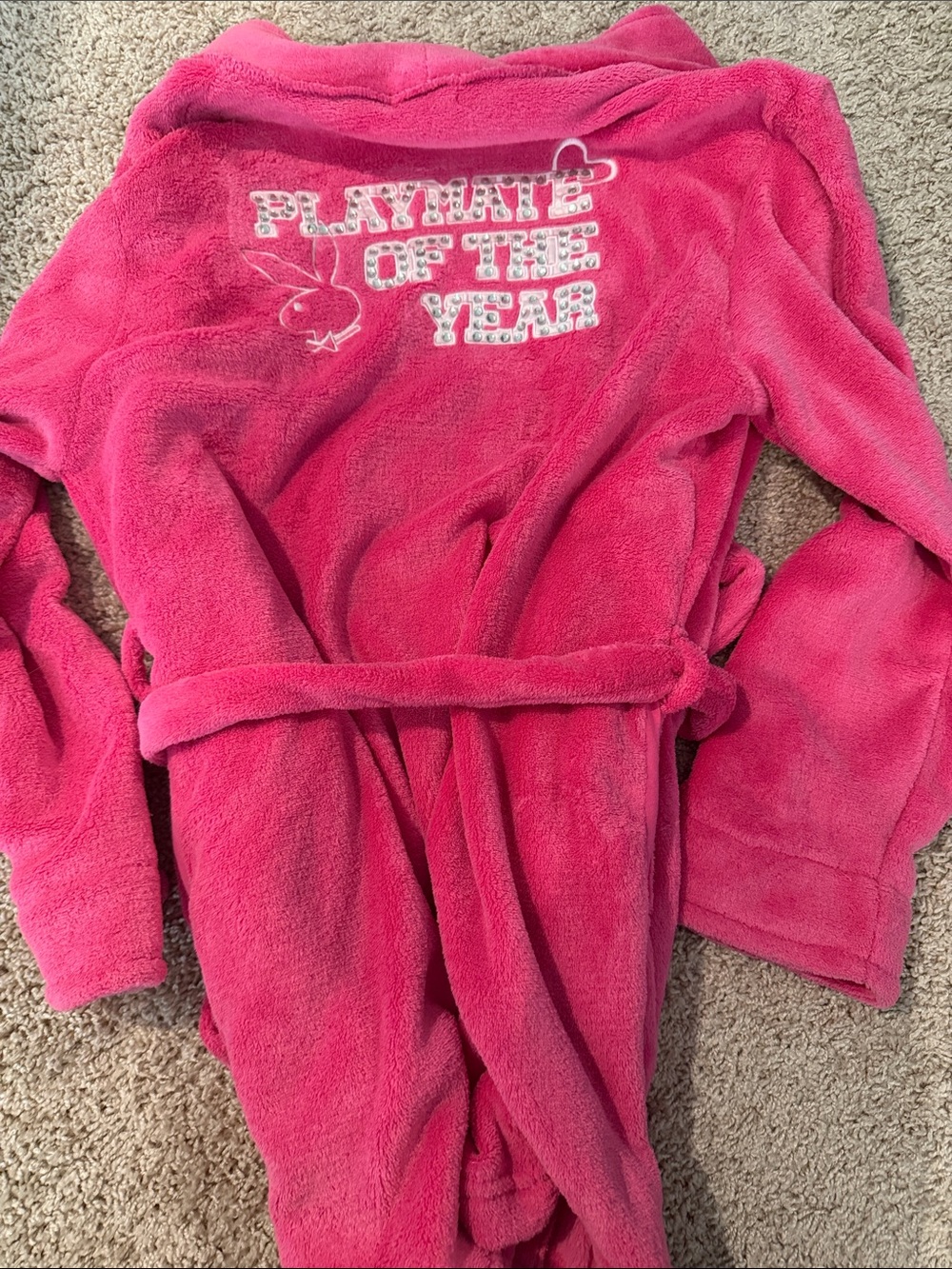 PLAYBOY Plush Robe in Bright Pink with Embroidered Crystal Playmate Design